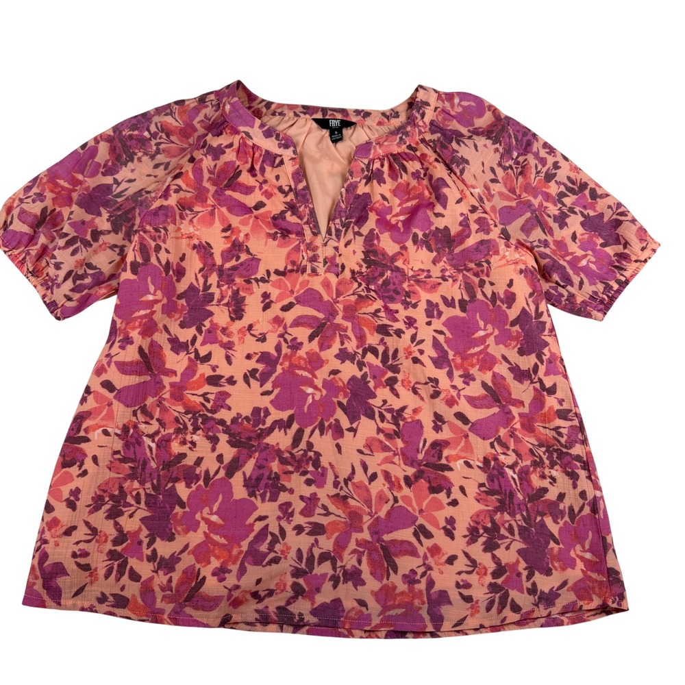 Frye Womens Pink Orange Floral Split Neck Short Sleeve Blouse Top Size Small